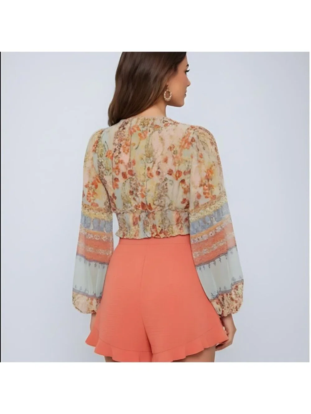 Lantern Sleeve Frilled Shirred Panel Floral & Paisley Print Top - Picture 4 of 10